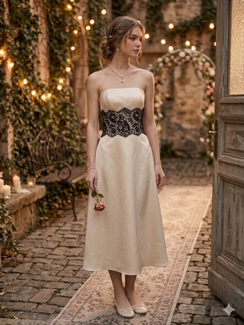 White House Black Market Strapless Satin Lace Dress Cream Black